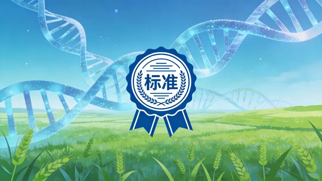 一張橫幅尺寸的科技感矢量插畫，背景是抽象的DNA雙螺旋結(jié)構(gòu)和綠色的田野，前景是一個象征‘標(biāo)準(zhǔn)’的印章或證書圖標(biāo)，整體色調(diào)為藍(lán)綠相間，體現(xiàn)生物科技與農(nóng)業(yè)的結(jié)合。